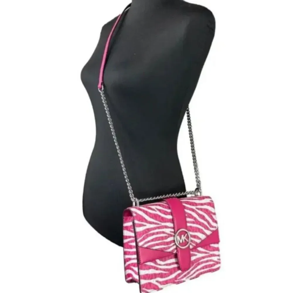 Michael Kors Greenwich Small Flap Shoulder Crossbody Bright Pink White Handbag - Picture 8 of 9